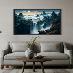 Cloudy mountain waterfall painting in artistic dark tones, displayed in a sleek black floater frame for powerful and elegant interior design