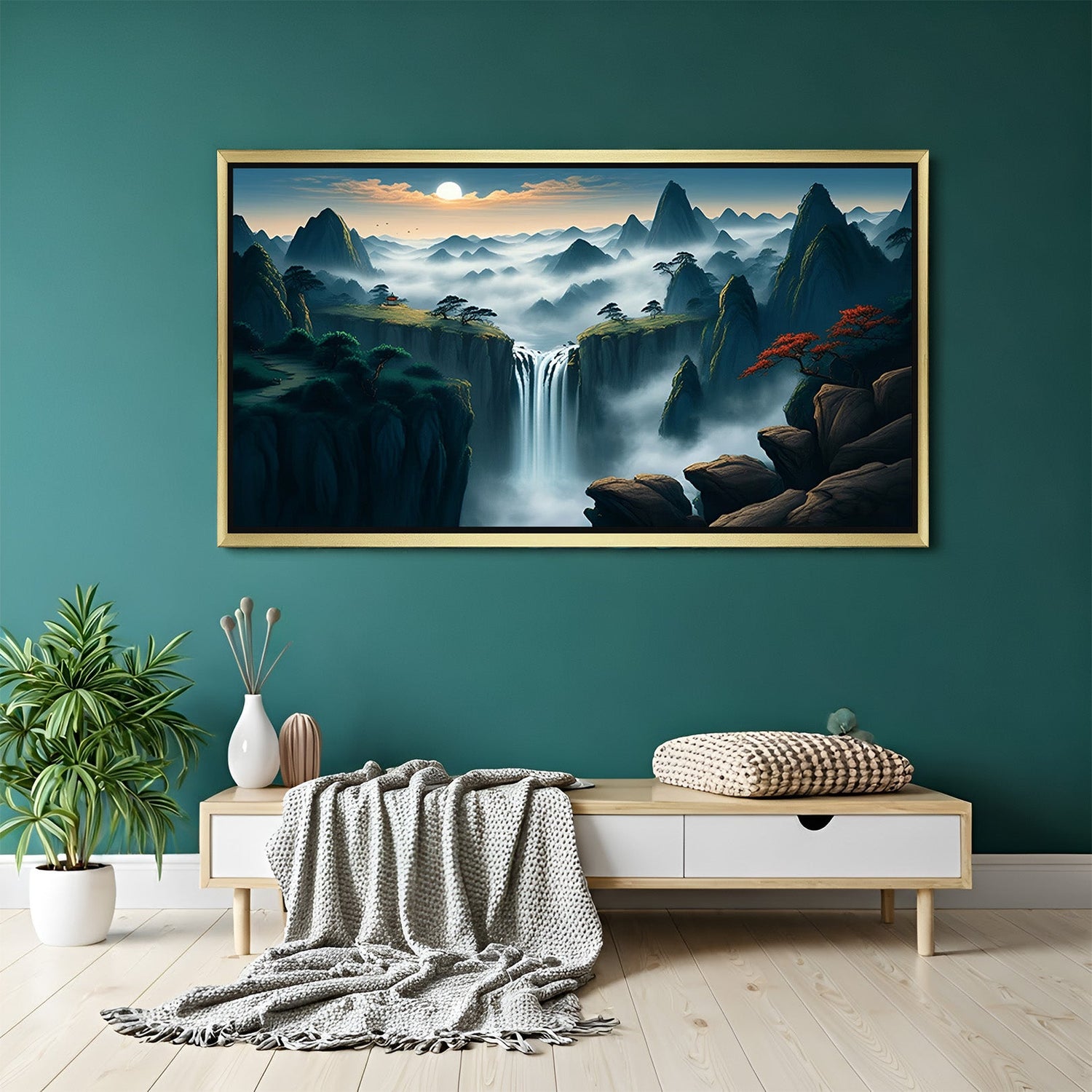 Waterfall canvas wall art with painted clouds and mountain backdrop, framed in a golden floater for rich and luxurious scenery wall decor