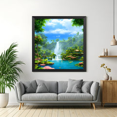 Waterfall Vastu art with black floater frame, ideal wall painting for office and peaceful interior decor