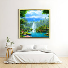 Vastu waterfall painting with golden floater frame for home wall decor, promoting calm and prosperity