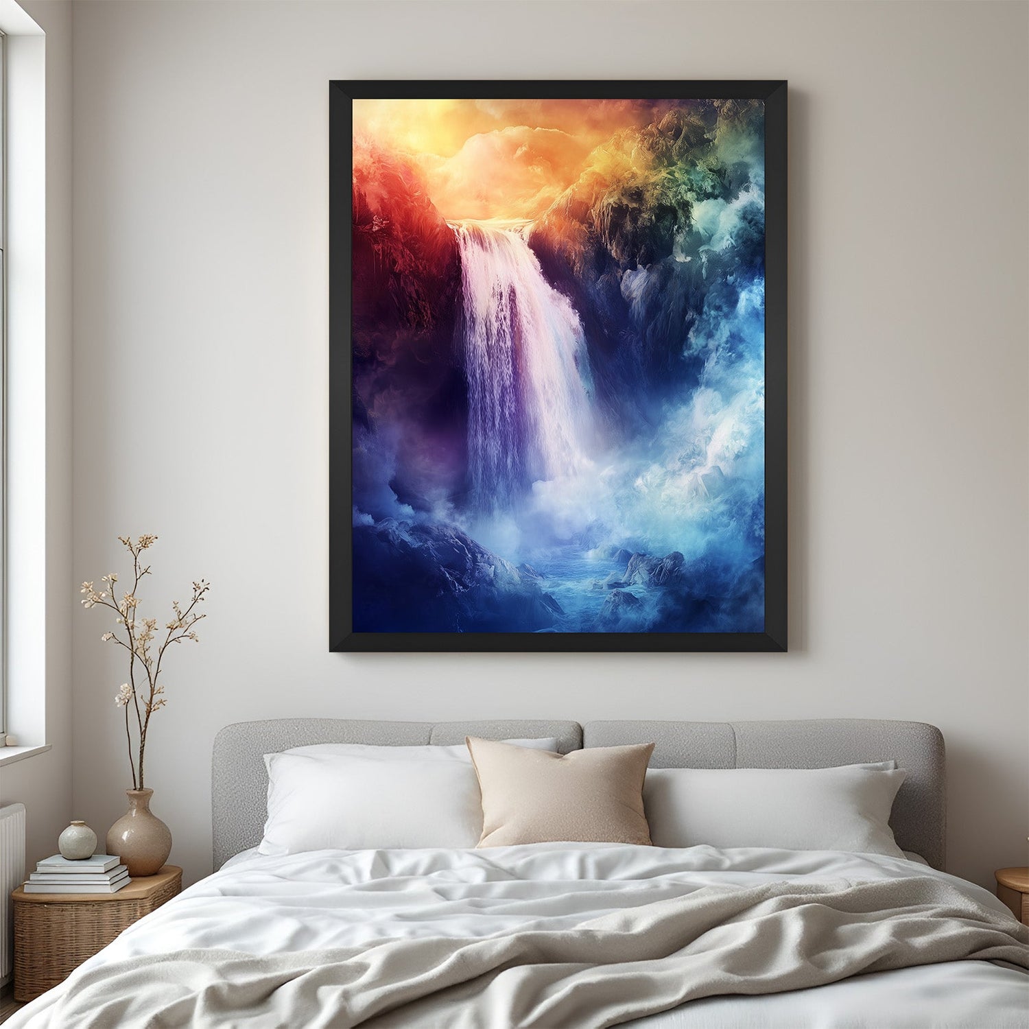 waterfall vastu canvas wall art in black frame for vastu decor adding calmness elegance and wealth energy to home interiors