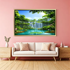 Golden frame waterfall Vastu painting for elegant bedroom decor and positive energy enhancement