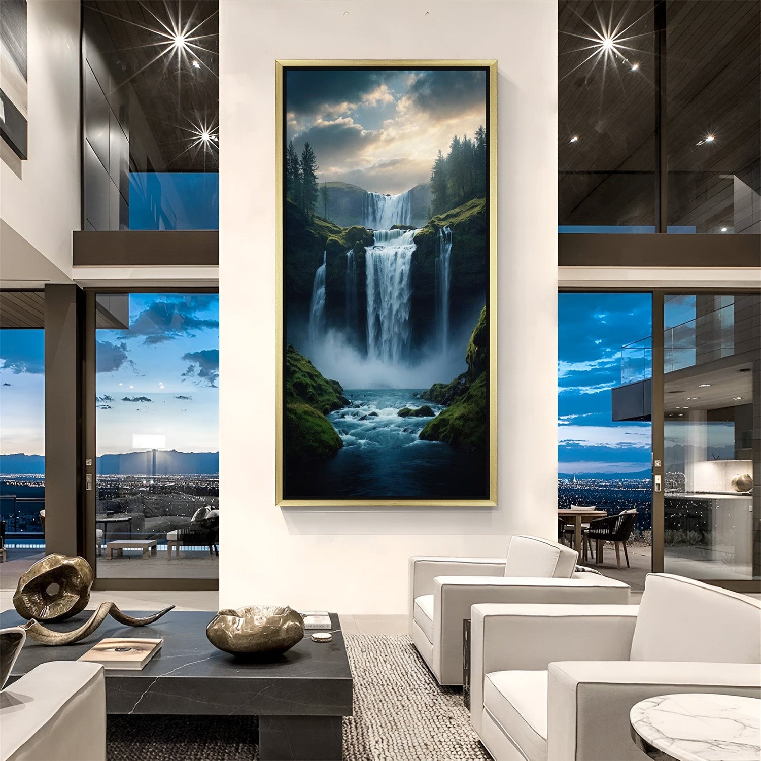 waterfall vastu canvas painting in golden floater frame for hotel cafe decor to promote peace wealth and positivity