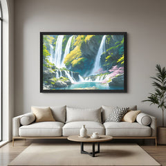Black floater frame waterfall canvas painting for Vastu decor, attracting continuous wealth and calming energy in interior design