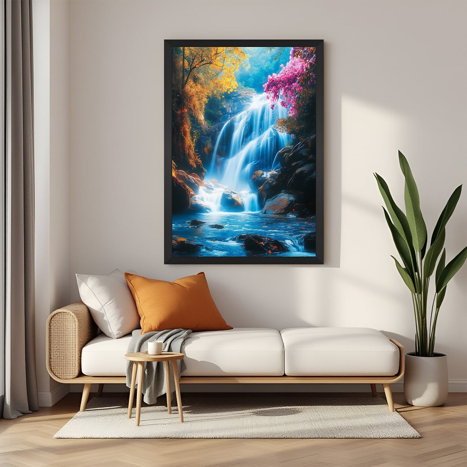 Black frame waterfall vastu canvas artwork symbolizing continuous growth, financial harmony, and flowing peace in interiors