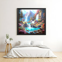 Waterfall wall painting with black floater frame for office decor and Vastu-compliant energy flow