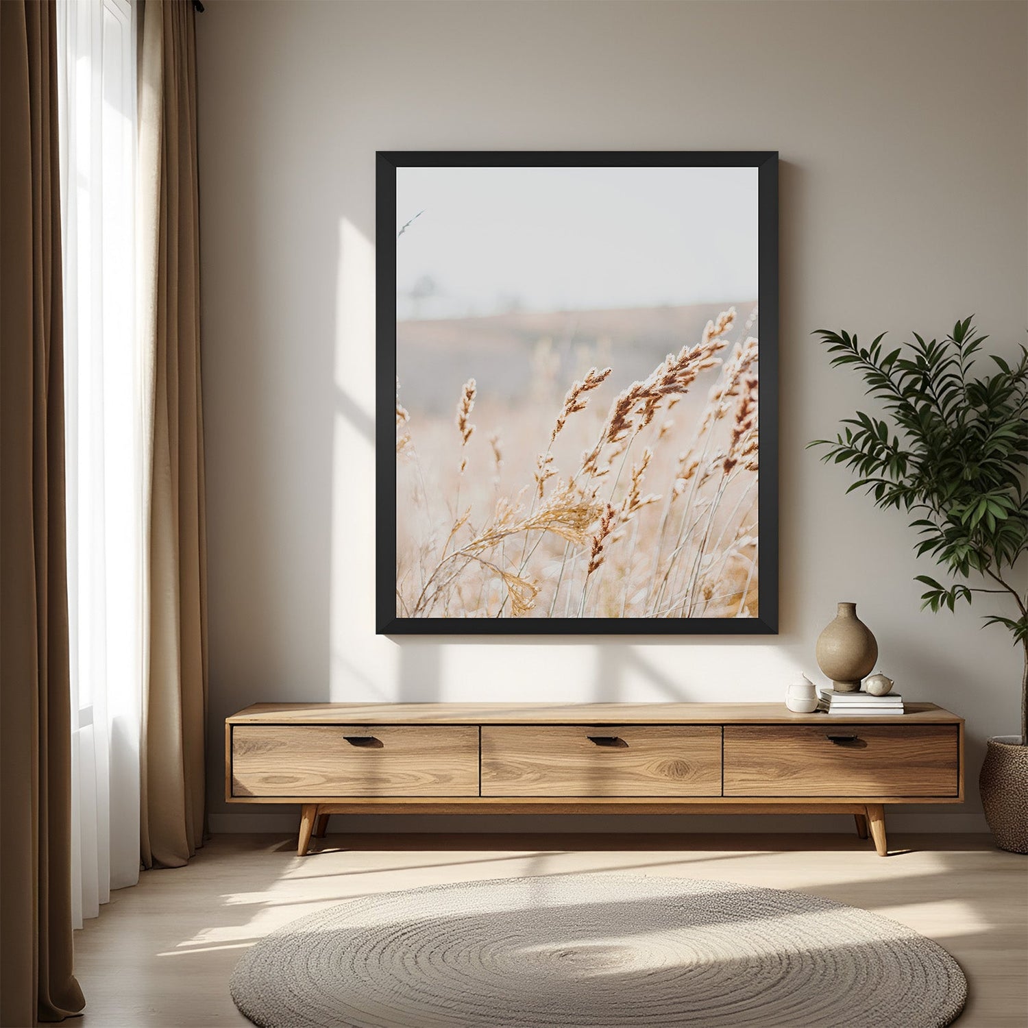 Wheat field canvas painting framed in black floater, ideal for rustic and modern interiors with a warm, nature-inspired aesthetic