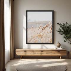 Wheat field canvas painting framed in black floater, ideal for rustic and modern interiors with a warm, nature-inspired aesthetic