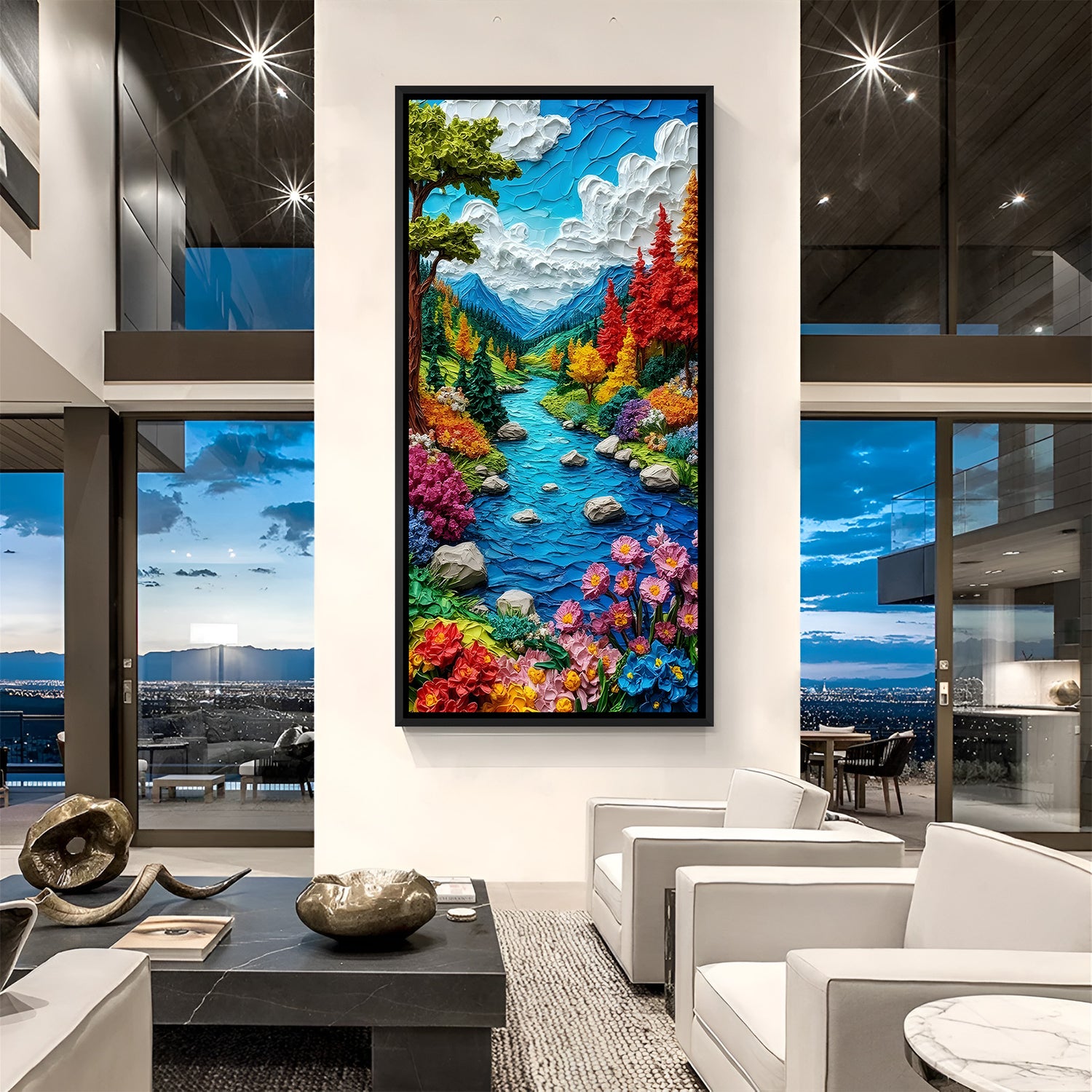 Modern vertical landscape painting in black floater frame with vibrant forest colors and scenic river view.