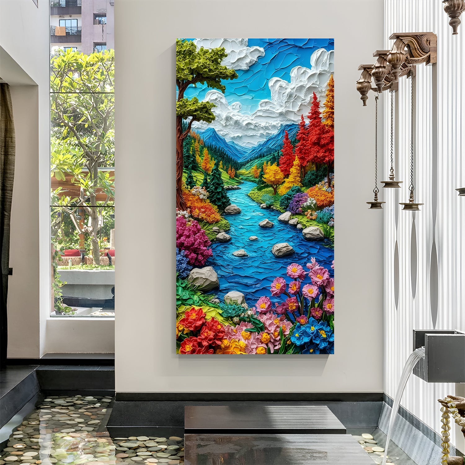 Vertical mountain river wall art in canvas wrapped frame featuring colorful trees, flowing blue river, and textured clouds.