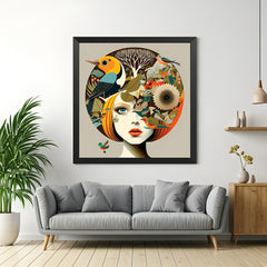 Black-framed modern canvas of girl with bird on her head—stylish symbolic artwork blending nature, emotional storytelling, and feminine warmth