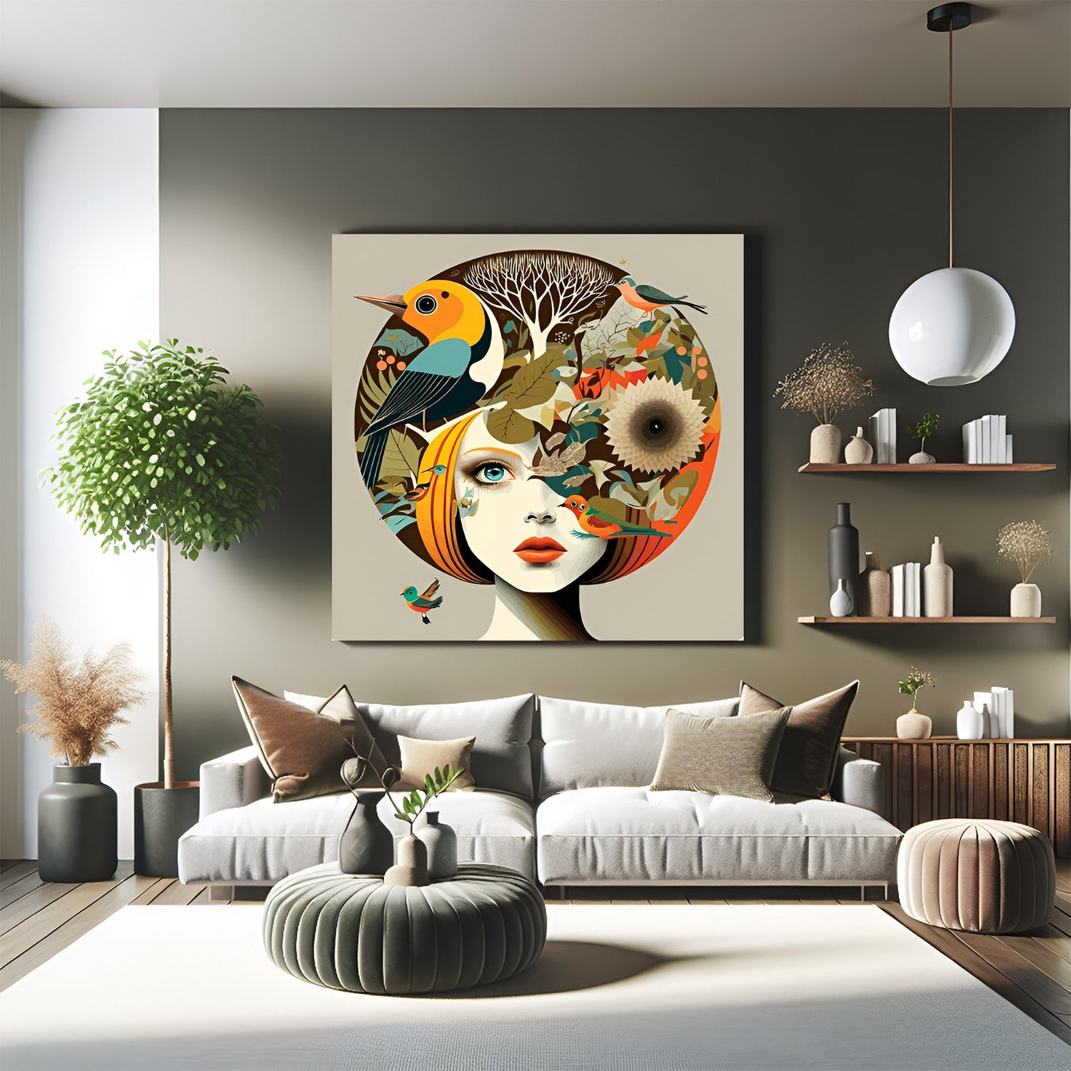 Modern canvas artwork of a girl with a bird on her hair—symbolic painted wall art representing animal love, feminine grace, and emotional connection