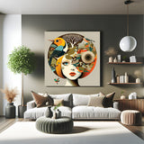 Modern canvas artwork of a girl with a bird on her hair—symbolic painted wall art representing animal love, feminine grace, and emotional connection