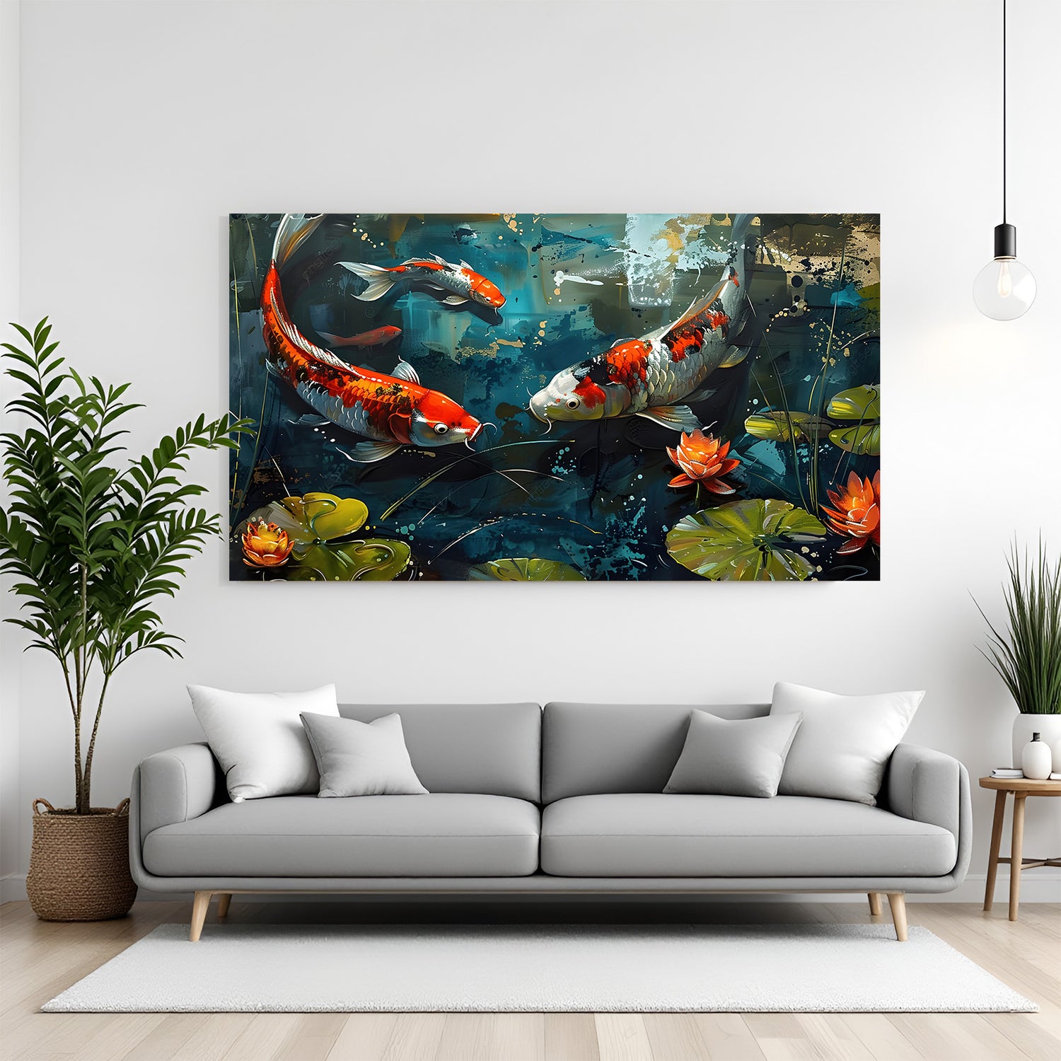 Abstract koi fish artwork featuring orange, white, and black carp swimming among blooming water lilies in premium canvas wrapped frame