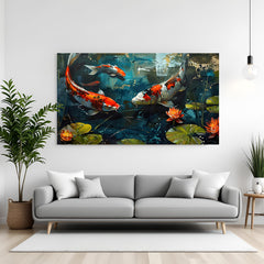 Abstract koi fish artwork featuring orange, white, and black carp swimming among blooming water lilies in premium canvas wrapped frame
