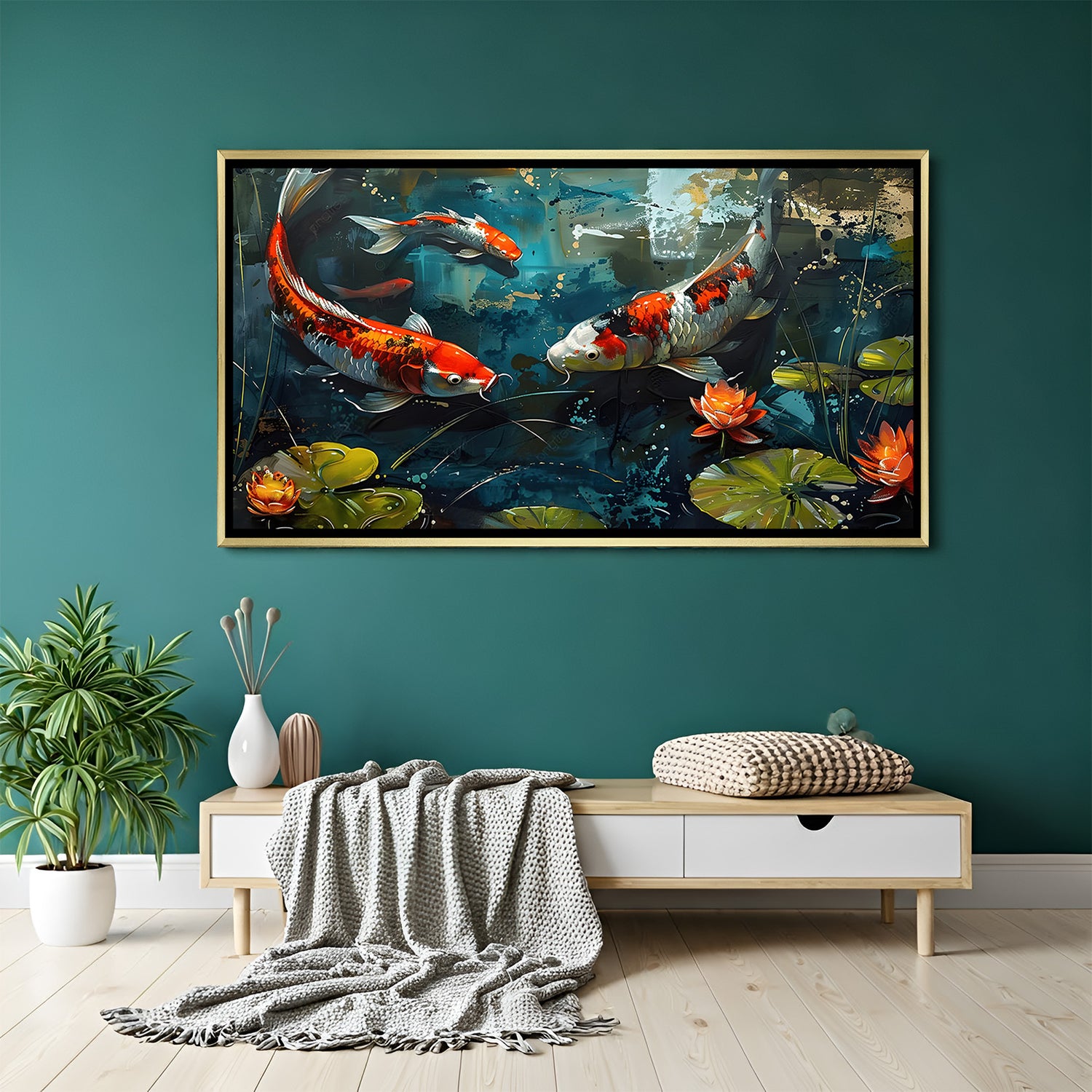 Whispers of the Lotus Pond artwork in luxury golden floater frame featuring abstract koi fish and blooming lilies