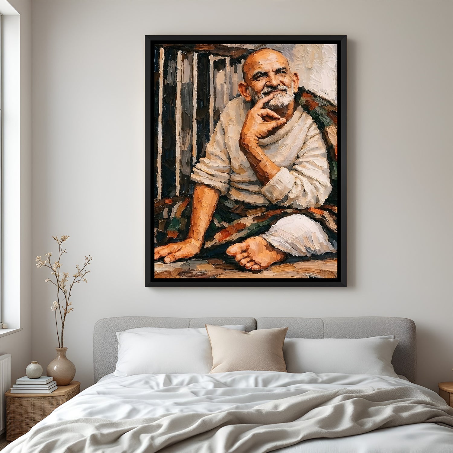 Neem Karoli Baba contemplative artwork with peaceful spiritual presence in elegant black floater frame