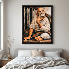 Neem Karoli Baba contemplative artwork with peaceful spiritual presence in elegant black floater frame
