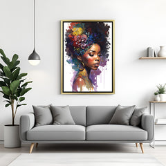 Golden-framed portrait of African girl in painted brush style on white canvas, perfect for elegant, ethnic, and contemporary interiors