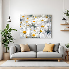 Canvas wall art of a blooming white daisy flower field, perfect for fresh and natural interior styling in homes and offices