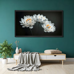 Framed canvas of three soft white flowers against a dark canvas with black floater frame, ideal for bold and stylish wall decor