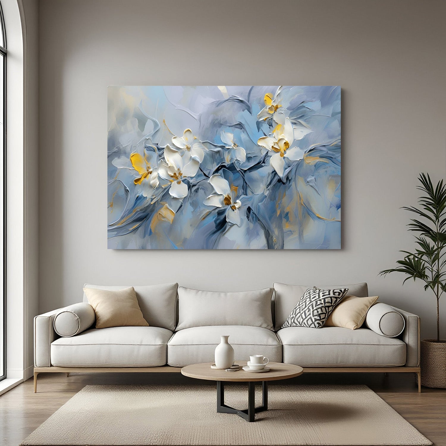 Large canvas wall art featuring a painted abstract white flower with soft brush strokes, ideal for modern and elegant interiors