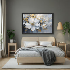 Black frame white flower abstract art – soft floral canvas with abstract design, ideal for clean and sophisticated wall styling
