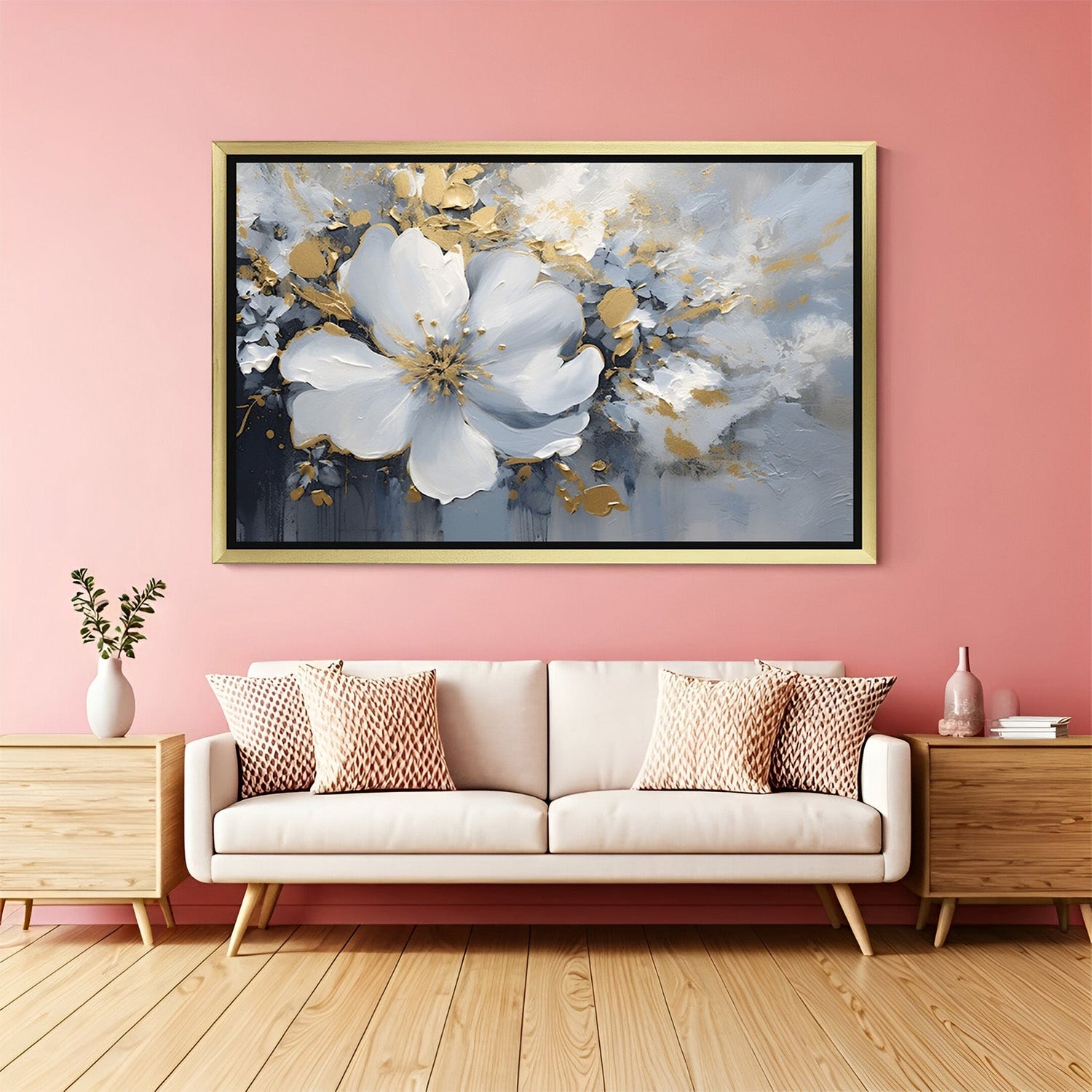 Golden frame abstract white flower canvas – graceful floral artwork with minimal tones and modern abstract expression for home decor