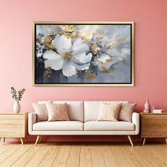 Golden frame abstract white flower canvas – graceful floral artwork with minimal tones and modern abstract expression for home decor