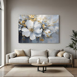 White flower abstract wall art – elegant floral canvas print with minimal color palette and artistic painted effect for modern decor