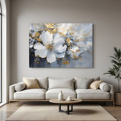 White flower abstract wall art – elegant floral canvas print with minimal color palette and artistic painted effect for modern decor