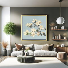 Golden-framed canvas wall art of white Japanese blossoms on a branch, designed for elegant and calm home or office walls