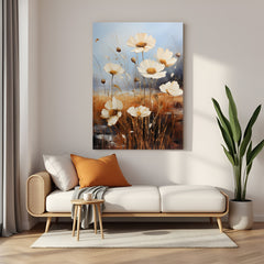 Vintage canvas art of a blooming white flower on aged background—ancient-style floral wall decor