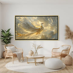 Elegant white phoenix wall art in gold frame featuring celestial clouds and shimmering gold details.