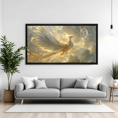 Luxury white and gold phoenix panorama artwork in sleek black frame displayed on modern teal accent wall.