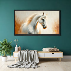 White horse canvas painting in black floater frame, ideal for modern and refined interior wall decor