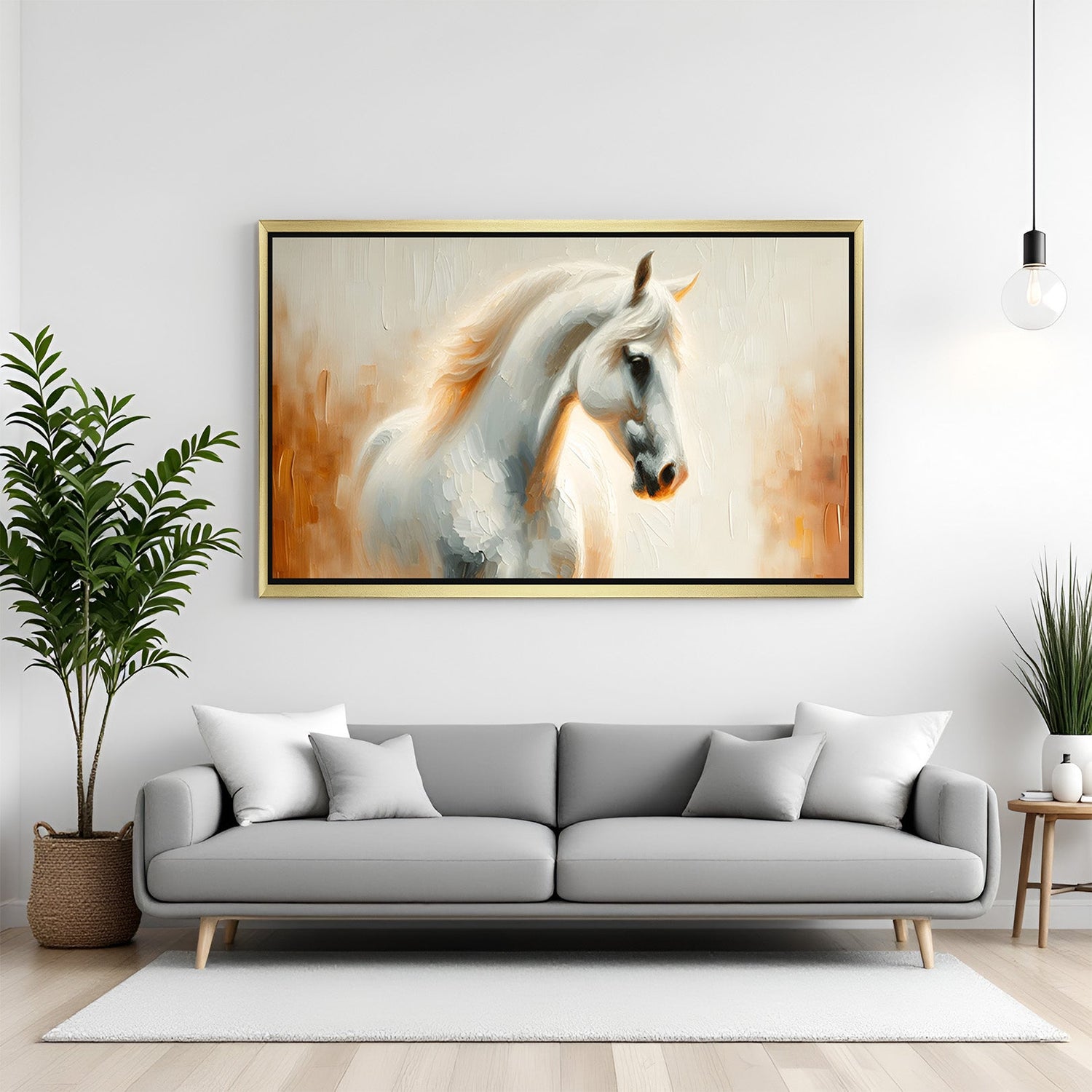 Graceful white horse wall art in painted style with golden floater frame, designed for luxurious and calm spaces