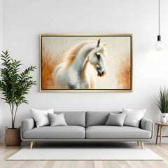 Graceful white horse wall art in painted style with golden floater frame, designed for luxurious and calm spaces