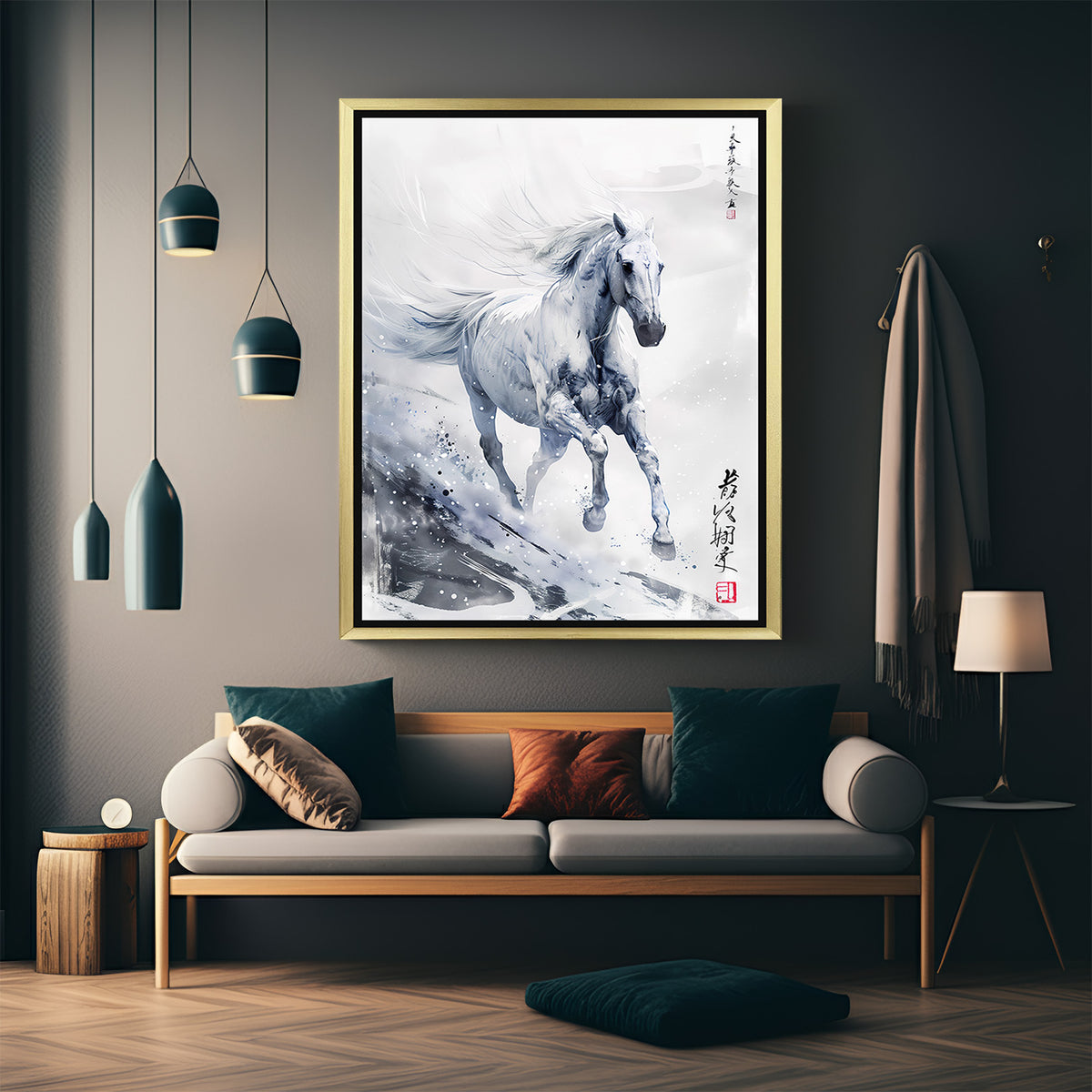 Golden framed Japanese-inspired white horse running art, symbol of success and energy, ideal for Vastu-aligned interior canvas decor
