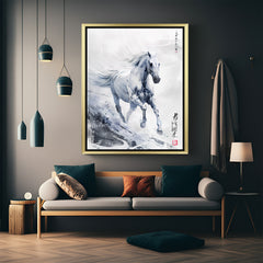 Golden framed Japanese-inspired white horse running art, symbol of success and energy, ideal for Vastu-aligned interior canvas decor