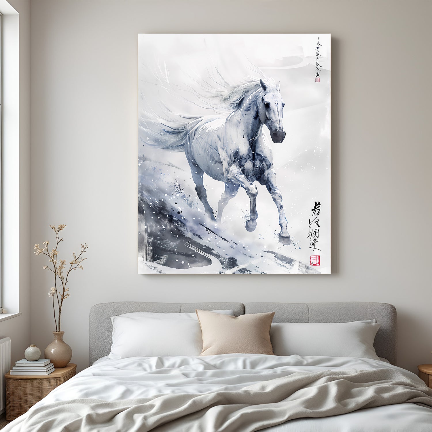 White horse running forward in Japanese-style modern art, symbolizing strength and prosperity, printed on premium canvas for Vastu wall decor