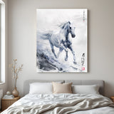 White horse running forward in Japanese-style modern art, symbolizing strength and prosperity, printed on premium canvas for Vastu wall decor