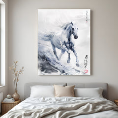 White horse running forward in Japanese-style modern art, symbolizing strength and prosperity, printed on premium canvas for Vastu wall decor