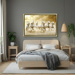 Golden floater frame six white horses canvas wall art for wisdom, growth, and prosperity in Vastu-based home and office settings