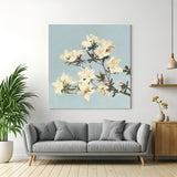Canvas wall art featuring Japanese-style white flowers blooming on a branch, perfect for peaceful, nature-inspired interior decor