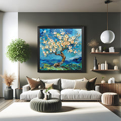 Black frame canvas of tree with white foliage in abstract style – painted wall art ideal for calm, stylish interior spaces