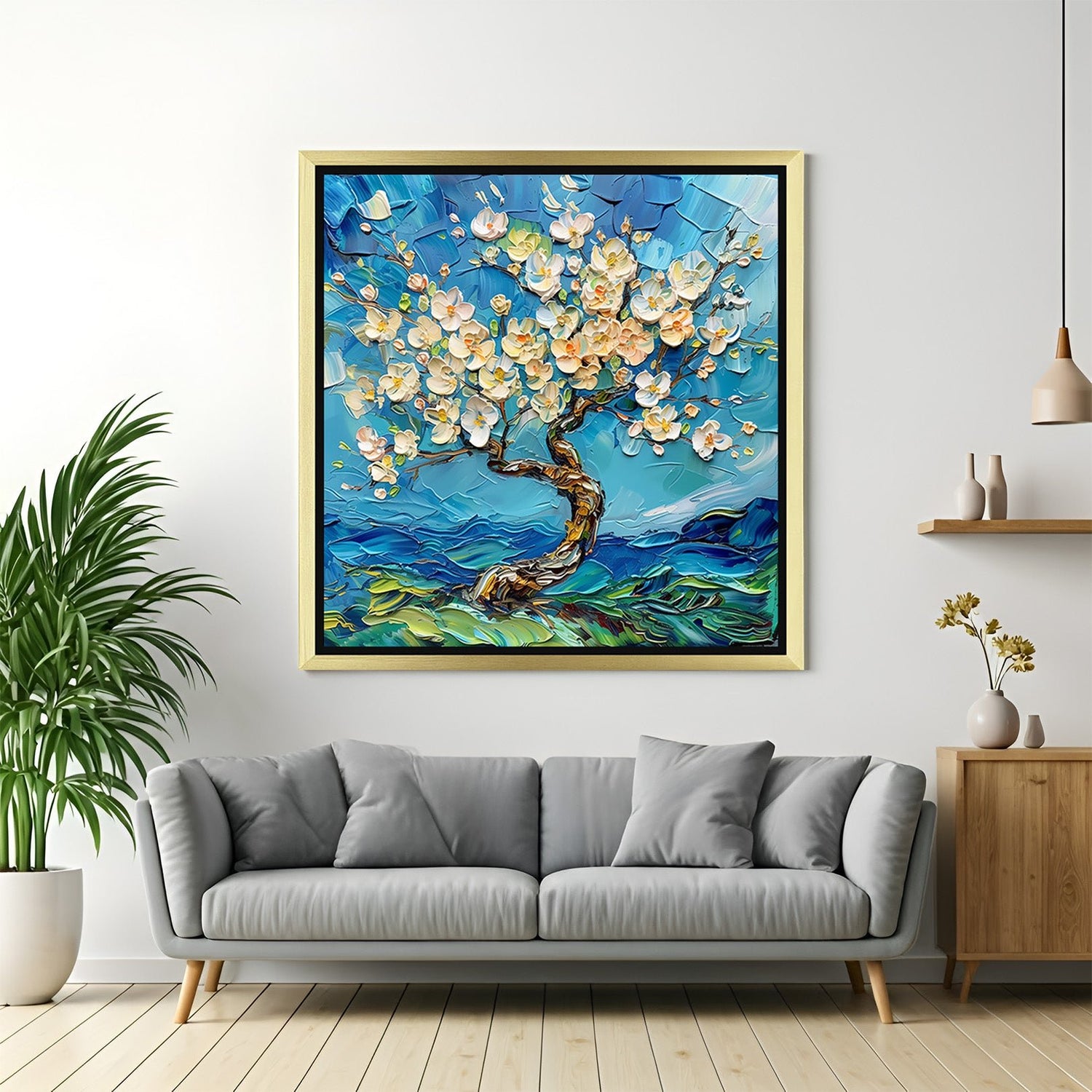 Golden frame abstract wall art of tree with white leaves – neutral painted canvas print for elegant and contemporary decor