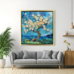 Golden frame abstract wall art of tree with white leaves – neutral painted canvas print for elegant and contemporary decor