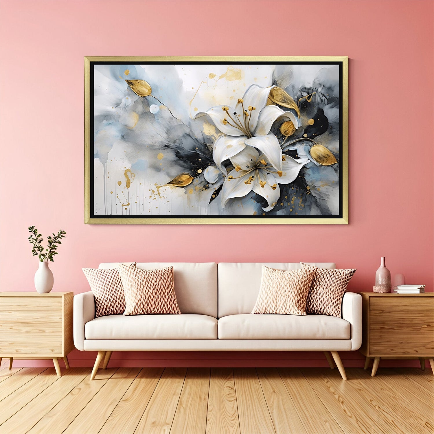 Golden-framed white lily canvas wall art with painted details, ideal for stylish and serene modern wall decor