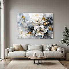 Canvas wall art of a single white lily flower in painted abstract style, perfect for soft and elegant home or office interiors